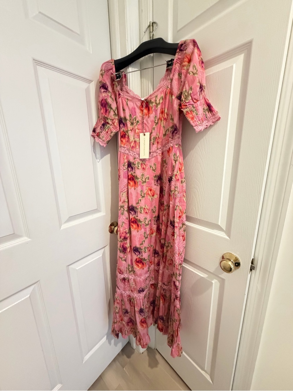 LoveShackFancy Pink Floral Off-Shoulder Maxi Dress